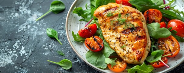 Grilled chicken breast with a side of roasted vegetables, lean and nutritious meal, clean food, white plate, copy space