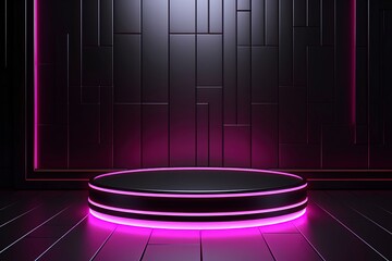 Wall Mural - Glowing podium 3d render with dark background, generative ai