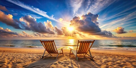 A serene beach scene with two beach chairs and a sunny sky in the background