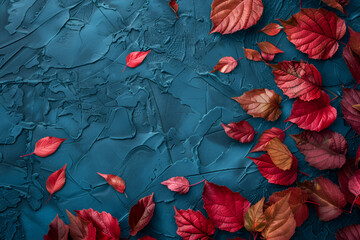 Wall Mural - Autumn background with colored red leaves on blue slate background. Top view, copy space