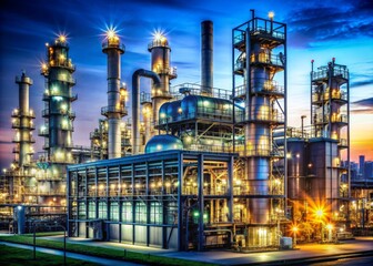 Wall Mural - Industry factory at night with illuminated pipelines transporting petrochemicals, gas, and oil, power industry, factory, night, illuminated, pipelines, petrochemicals, gas, oil processing