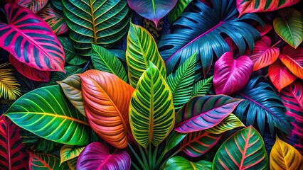 Vibrant tropical leaf arrangement in fluorescent colors, tropical, leaf, vibrant, creative, colorful, neon, fluorescent, abstract, nature, exotic, botanic, foliage, design, colorful, bright