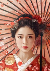 Wall Mural - A Portrait of a Beautiful Geisha in a Red Kimono Holding a Parasol