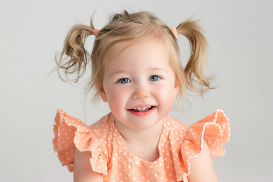happy young toddler girl with blonde pigtails in peach  polka dot dress smiling