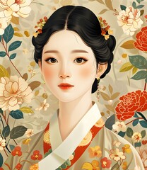 Poster - Beautiful Korean Woman in Traditional Hanbok Dress with Floral Background