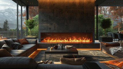Wall Mural - A high-tech fireplace with AI-regulated flames and temperature settings, surrounded by cozy seating and sleek design elements, creating a warm and inviting focal point in the home interior.