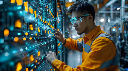Wall Mural - An engineer in a high-tech environment interacts with a digital interface, symbolizing advanced technology and innovation. Ideal for tech industry, engineering, and futuristic projects.