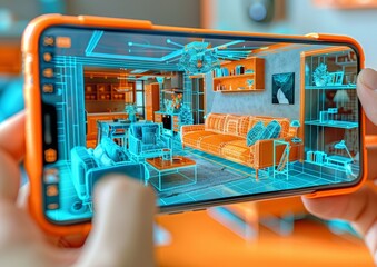 Aufkleber - Man Using Augmented Reality App for Home Renovation Planning in a Modern Living Room, Emphasizing the Future of AR Technology