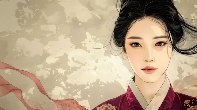 A beautiful illustration of a Korean woman in traditional dress
