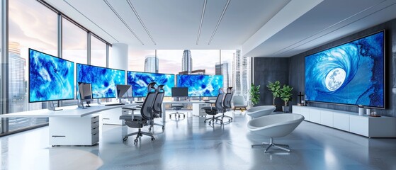 Aufkleber - Modern Office Space with Diverse Group of Young Professionals Engaged in High-Tech Work, Featuring High-Resolution Monitors in a Daylight Environment