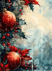 Canvas Print - Christmas background with red balls and poinsettias