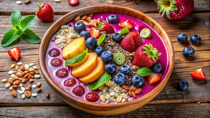 Close-up of a colorful smoothie bowl with fresh fruits, nuts, seeds, and granola on a wooden table