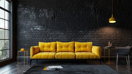 Wall Mural - Living room interior in dark loft with yellow sofa on black wall background, Generative AI.