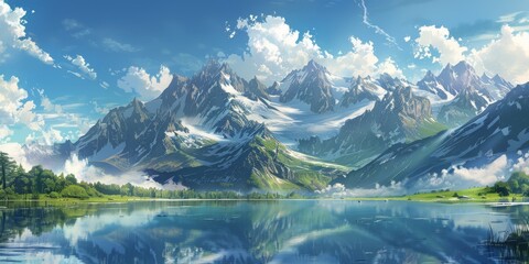 Wall Mural - Majestic Mountain Range Reflecting in Still Lake Water on a Sunny Day
