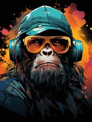 Wall Mural - Monkey Wearing Sunglasses and Beanie Fashionable T-Shirt