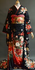 Poster - A woman wearing a black kimono with red and pink floral patterns.