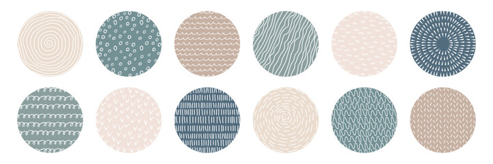Poster - Set of highlight cover icons for social media in pastel colors. Circles with doodle hand drawn texture. Natural color. Modern abstract backgrounds collection