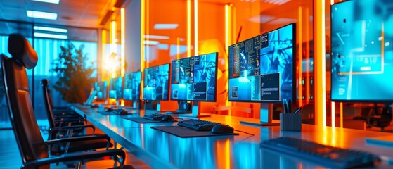 Aufkleber - Futuristic Office Interior with Diverse Team Engaged in Technology, Showcasing Ergonomic Design and High-Tech Workspace during Evening