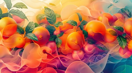 Innovative abstract illustration of a fruit-themed business landscape, juicy and ripe produce, vibrant and bold colors, dynamic shapes, fresh and modern aesthetics, detailed artwork, 4K resolution,