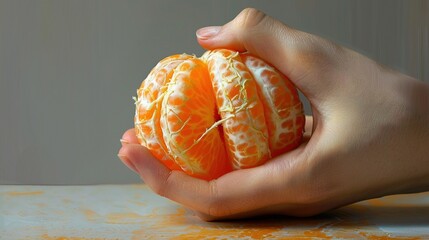 Wall Mural - Squeezing tangerine by a hand