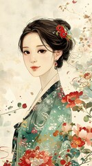 Wall Mural - Beautiful Asian Woman in Traditional Dress with Flowers