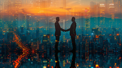 Canvas Print - Cityscape Silhouette of Two Businessmen Shaking Hands