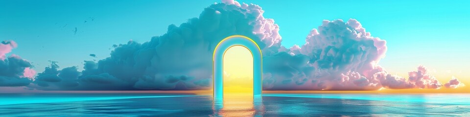 Aufkleber - Surreal Minimalist Seascape with Clouds and Arched Doorway at Sunset, Emphasizing Modern Surrealism in a Bright Yellow and Blue Setting