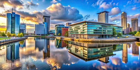 A scenic view of Media City Manchester, a hub for media and creative industries