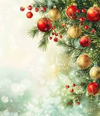 Poster - Christmas background with fir branches and red and gold balls