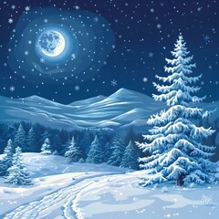 Canvas Print - Snowy Winter Night Landscape with Full Moon and Stars