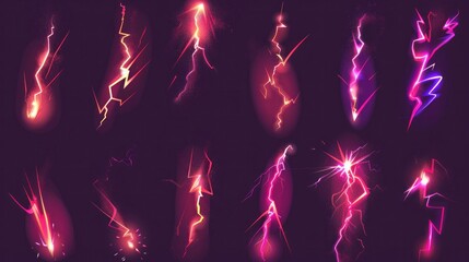 Wall Mural - A lightning animation set includes sparks and portrays electricity thunderbolt danger with bright energy effects in a vector illustration.