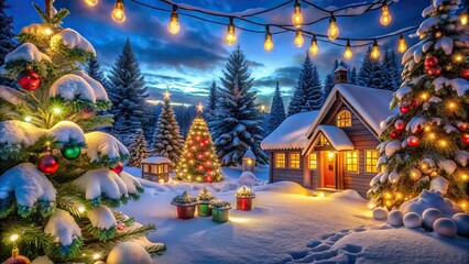 Festive winter night scene with Christmas decorations and glowing lights