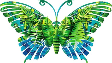 Poster -   A butterfly illustrated with emerald leaves on its wings and a spiraling pattern on its rear wings