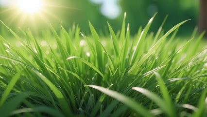 Green grass close-up background with fresh green young grass, shining sunlight on summer day