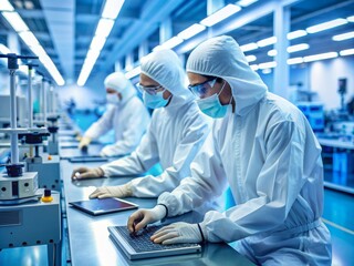 Wall Mural - Engineers working in a high-tech microchip manufacturing facility, technology, engineers, semiconductor, factory, microchip, production, industrial, workers, manufacturing, assembly line