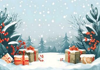 Poster - Snowy forest background with presents