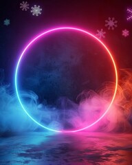 Aufkleber - Festive Neon Glow: A Vivid Circle of Pink and Blue Light with Snowflakes in a Dark Winter Night Scene