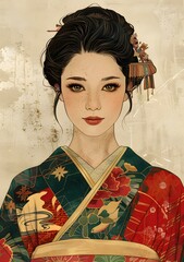 Wall Mural - A portrait of a beautiful Japanese woman in a kimono