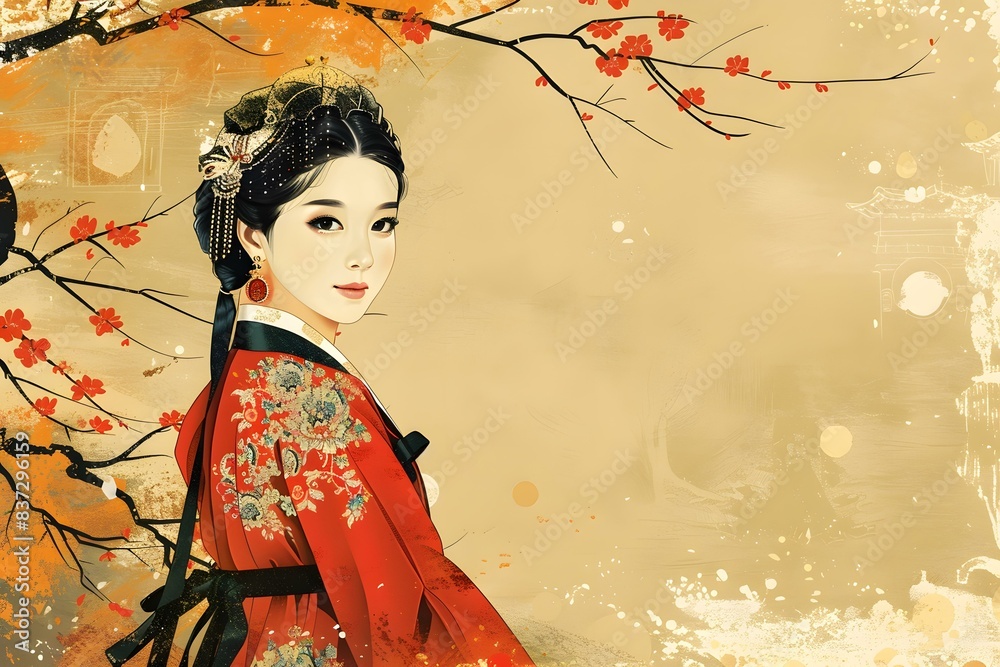 A beautiful Korean woman in traditional dress stands in a field of ...