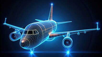 Futuristic neon airplane in digital wireframe design for future aviation concept