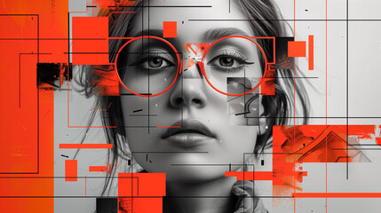 Wall Mural - Abstract digital artwork of a woman wearing large round glasses with geometric shapes overlay. Modern art direction with a bold use of orange and black for a striking visual impact.