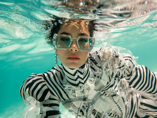 Underwater fashion shoot featuring a model in a striking striped outfit and embellished sunglasses. High fashion photography with a surreal aquatic twist.