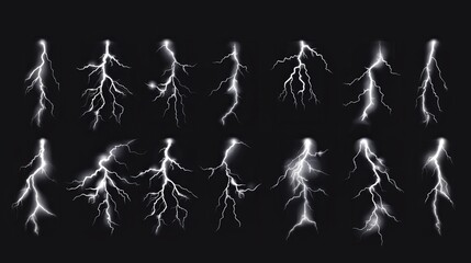 A sprite sheet presents lightning strikes animation, portraying realistic white electric thunder impacts against a night sky, isolated on a black background.