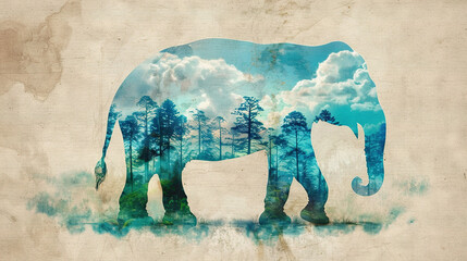 Sticker -   An elephant stands amidst forest, cloudy sky, tree backdrop