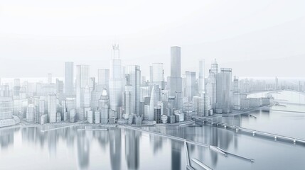 A wireframe cityscape showcases low-polygon cities and buildings in the business district, featuring tall structures, rivers, and roads in a 3D rendering.
