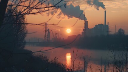 Winter sunset, silhouetted power plant with smoke from burned coal pipes visible