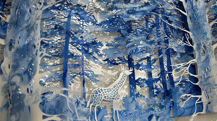 Sticker -   A majestic giraffe painted amidst blue-toned trees and a pristine white snowy landscape