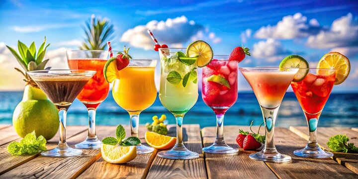 Image of colorful cocktails on a beach table at a summer party