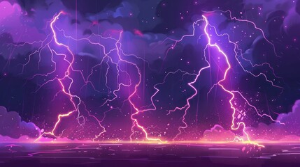 Lightnings, purple thunderbolts hit ground isolated on black background. Sparking electric strikes, storm discharges, lightning attack effect, vector cartoon illustration