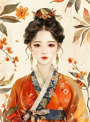 Poster - A beautiful Chinese woman in traditional Hanfu dress with orange and yellow flowers in the background